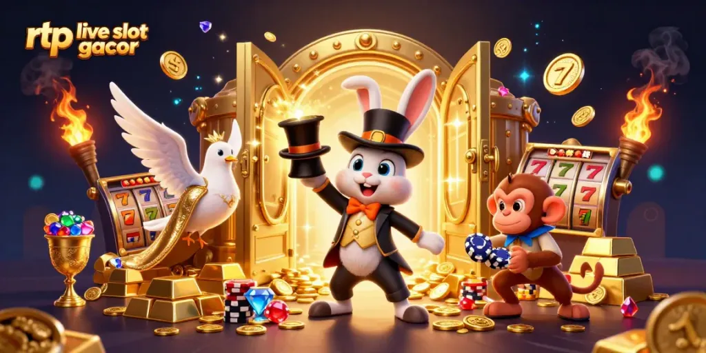 Engage with rtp live slot gacor featuring a magician rabbit, a dove, and a monkey in a vibrant casino scene.