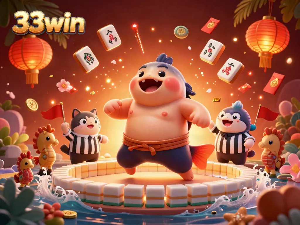 Experience thrilling gameplay at 33win as seahorses cheer a sumo-fugu competition in vibrant casino scene.