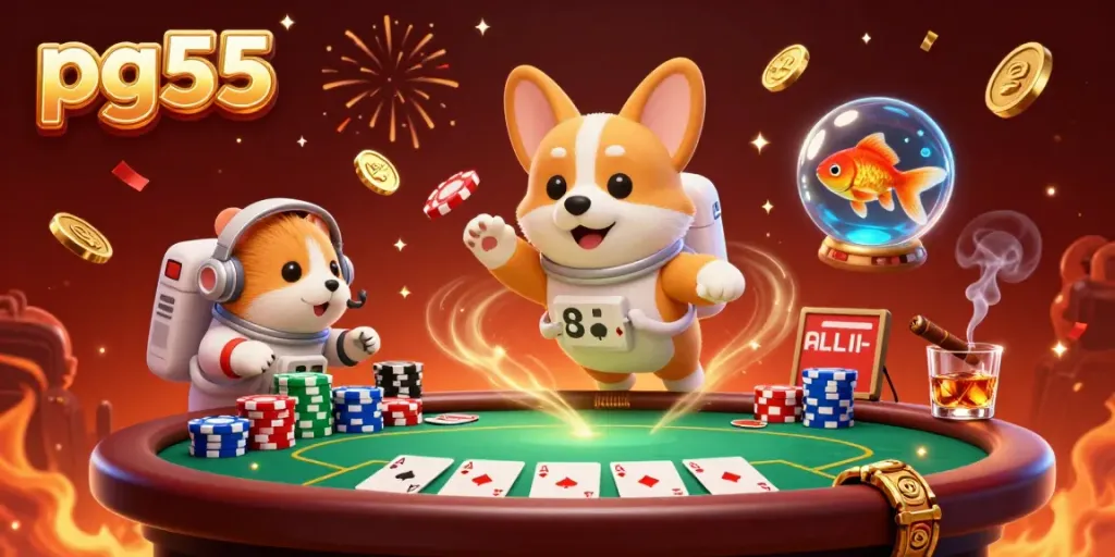Enjoy the excitement of pg55 with a floating corgi in a space station casino, surrounded by casino elements and confetti.