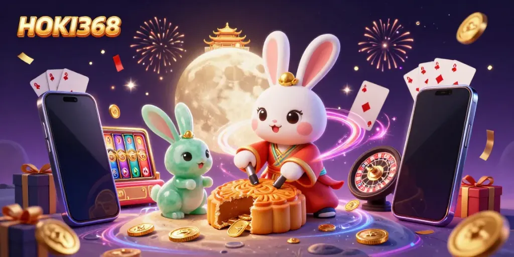Experience the thrill at HOKI368 with a captivating 3D illustration of moon rabbits and shiny poker chips.