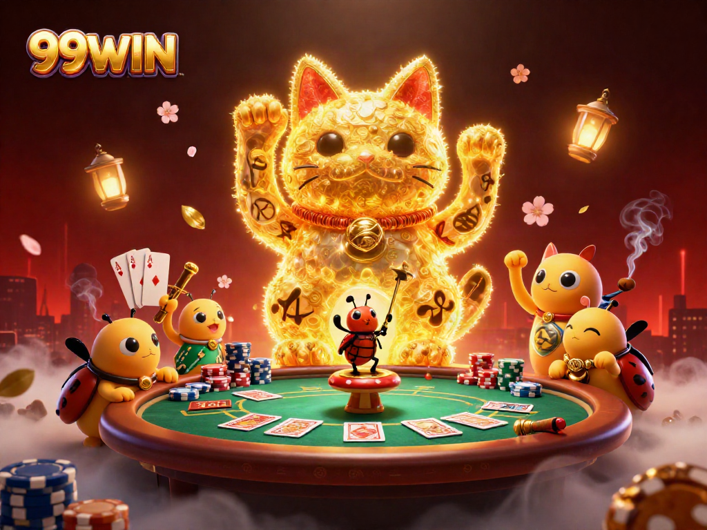 Experience winning moments with 99WIN's vibrant casino illustration featuring a lucky cat and poker action.