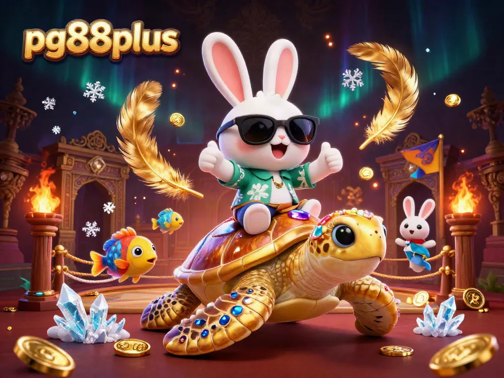Engage in thrilling play at pg88plus with this vibrant 3D casino scene featuring a lucky rabbit and golden sea turtle.