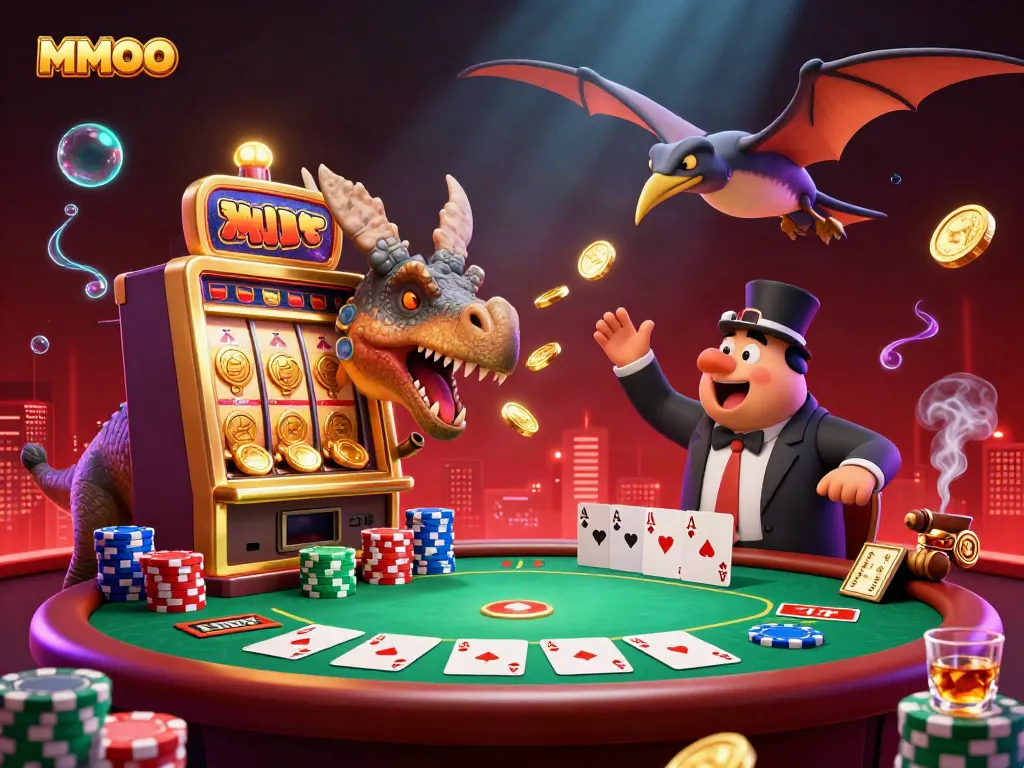 A thrilling MMOO casino scene with a dinosaur hitting a jackpot slot machine, colorful poker chips and cards surround.