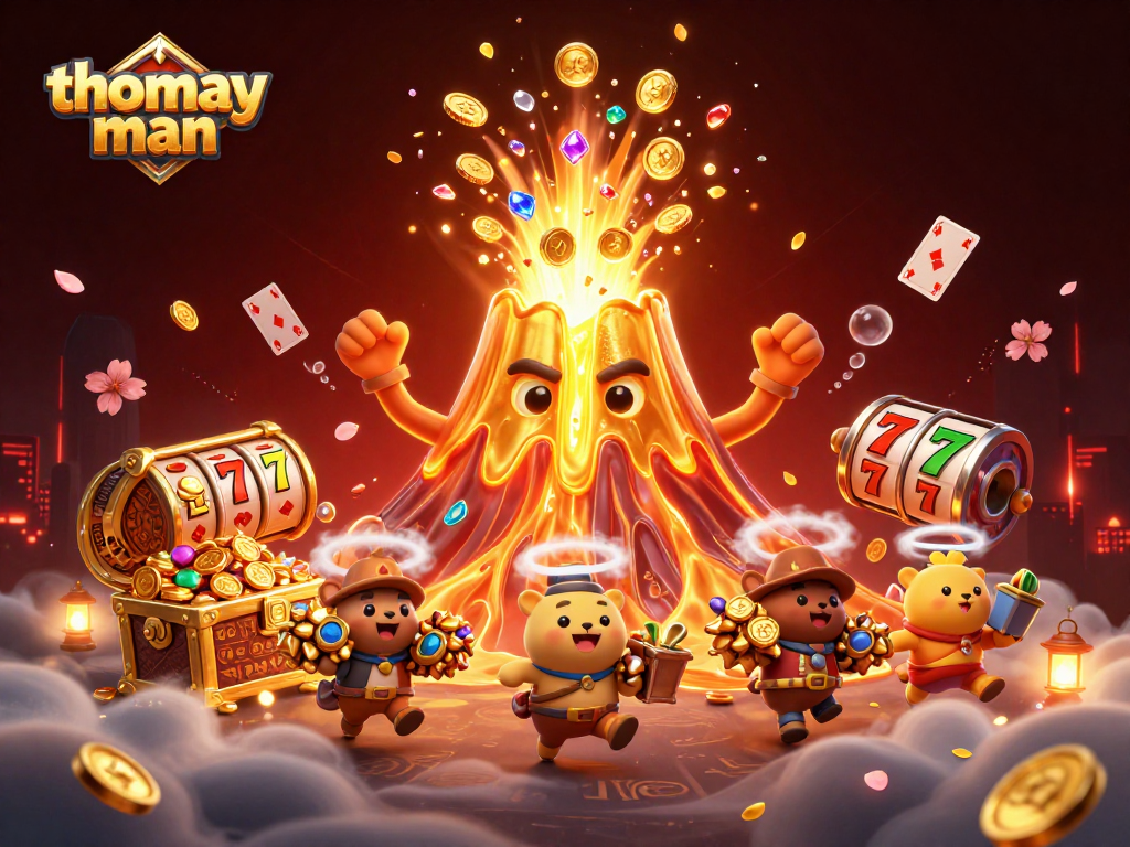 Experience the thrill with thomayman as the golden volcano erupts treasures in this exciting casino scene.