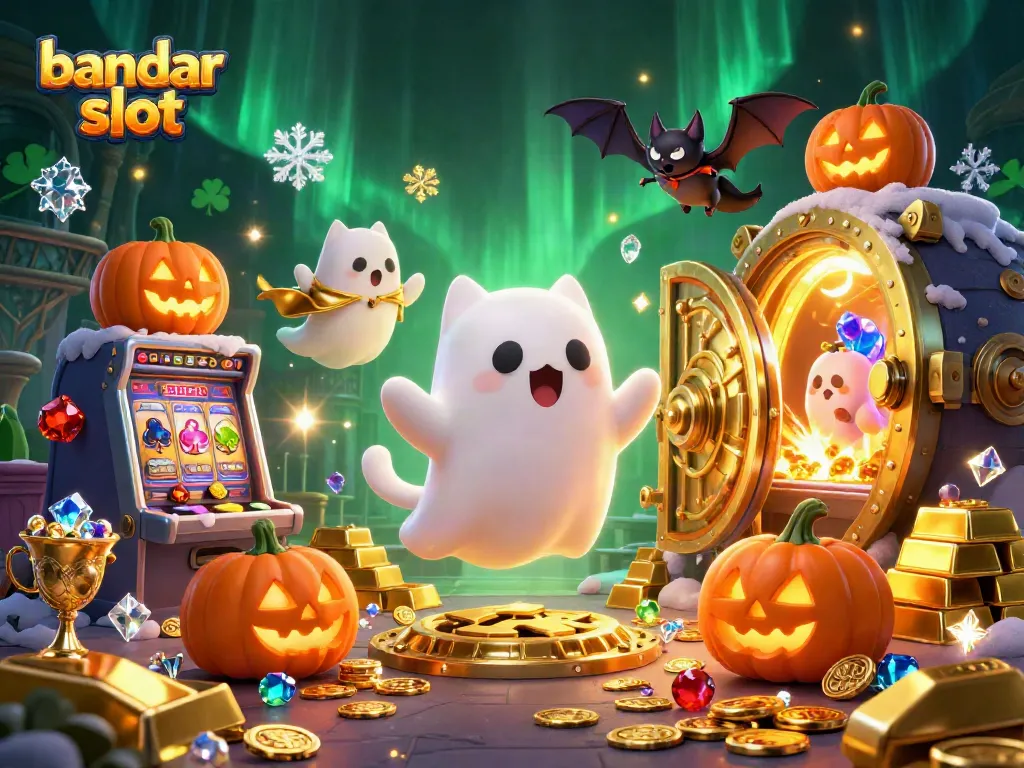 Menangkan jackpot di bandar slot dengan simbol-simbol slot ceria dan hantu mengambang.