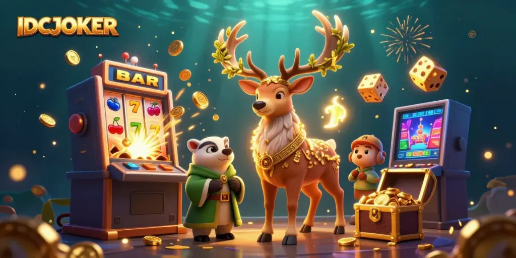 Experience the thrill of winning with IDCJOKER’s energetic casino scene featuring cartoon characters and a jackpot explosion.