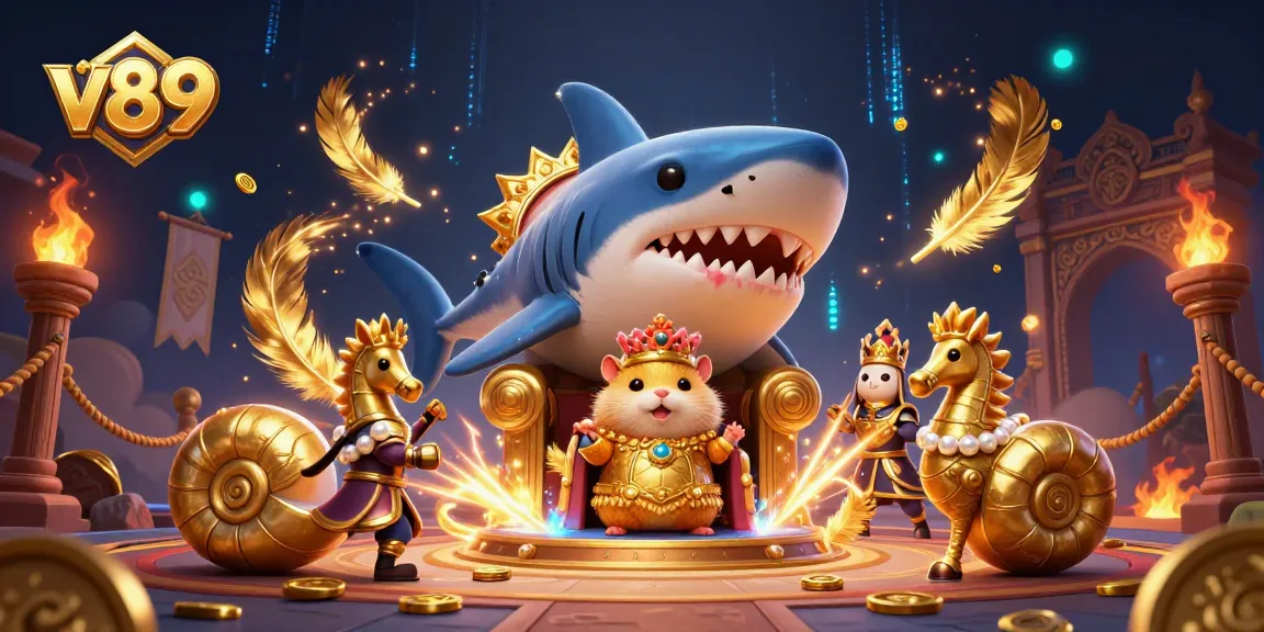 Permainan kasino v89 penuh gaya dengan raja hamster emas dan pasukan seahorse di arena mewah.