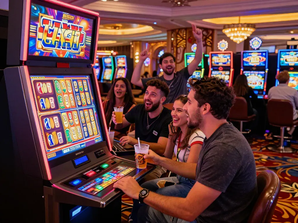Excited friends celebrating a Lucky777 win at a casino slot machine with vibrant lights and drinks.