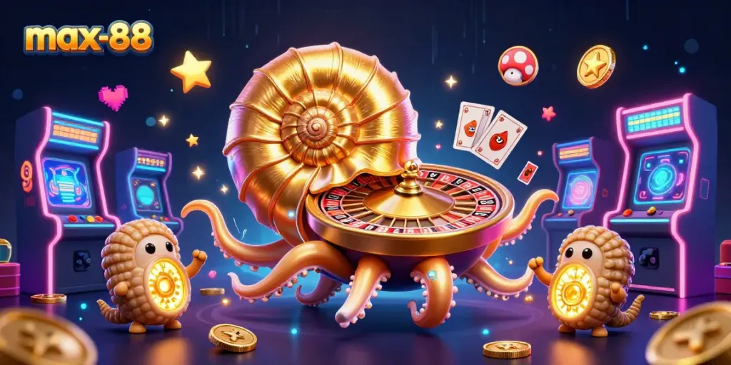 Experience max-88 excitement as the ancient nautilus spins the roulette wheel in vibrant casino atmosphere.