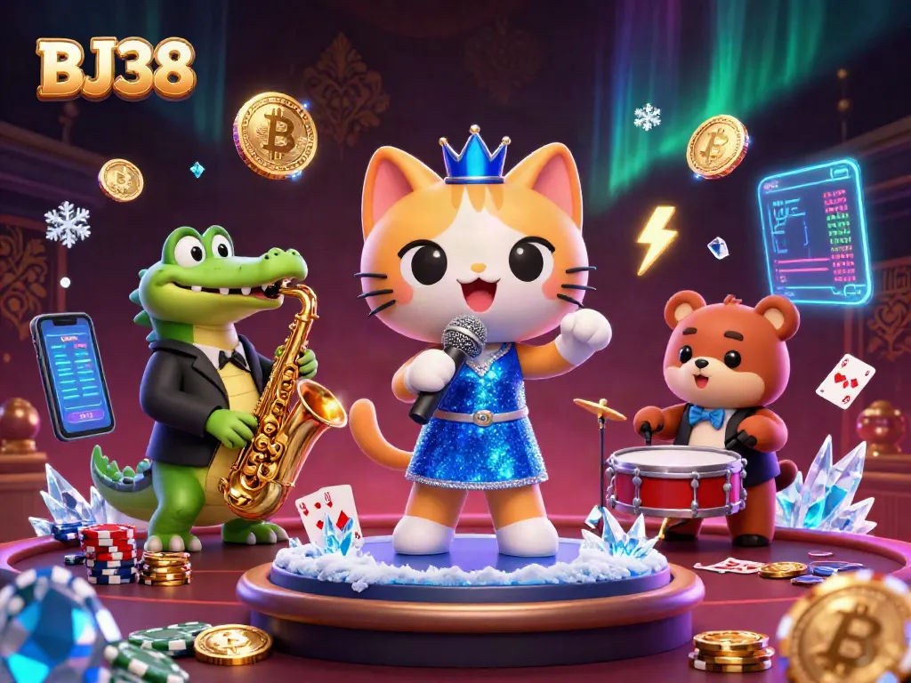 BJ38 brings the casino vibe alive, showcasing a jazzy scene with vibrant characters and poker elements.