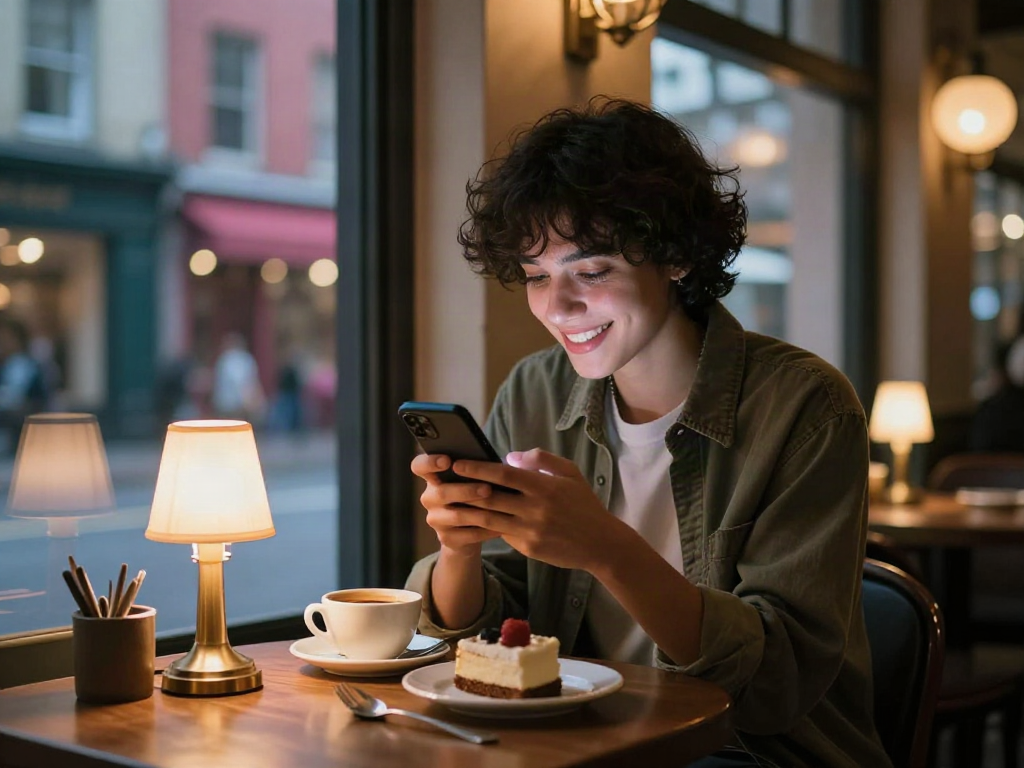 Engaging in sexting ai while texting in a cozy cafe.