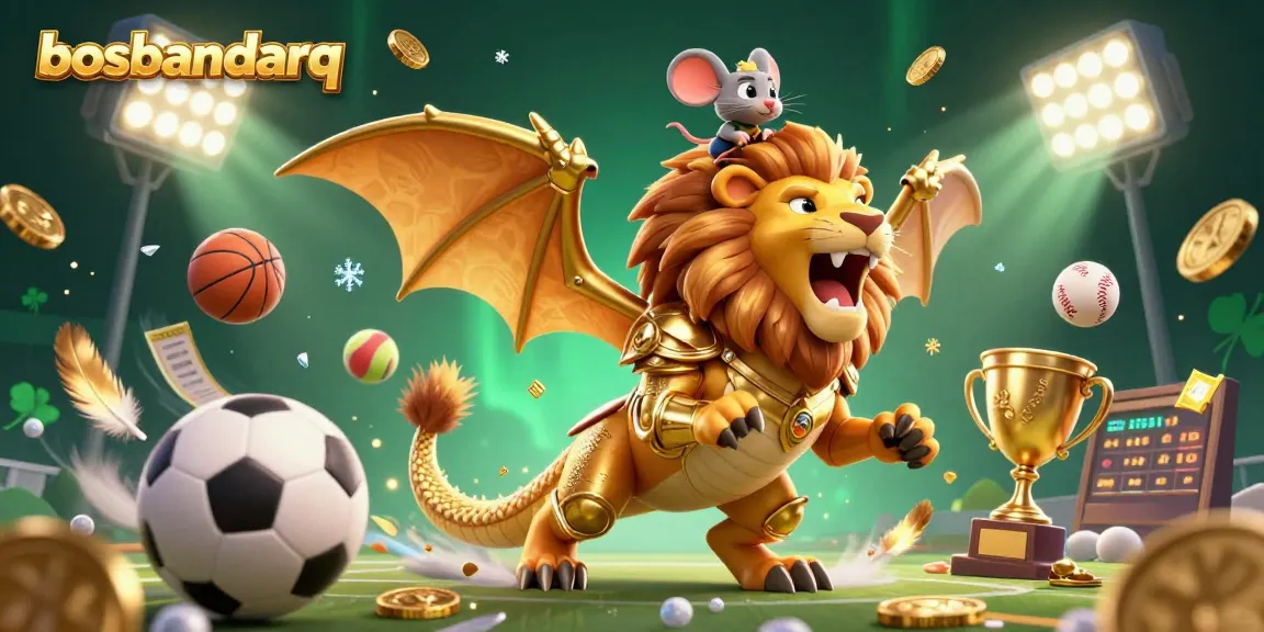 Experience thrilling action with bosbandarq in an ultra-detailed 3D scene featuring a roaring golden chimera and dynamic gambling elements.