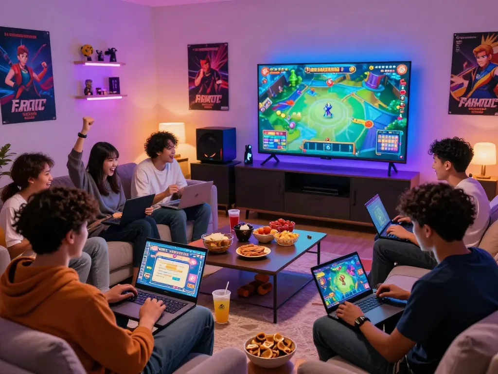Excited players enjoying Slot MAHJONGJP88 in a cozy living room setting, surrounded by snacks and gaming decor.
