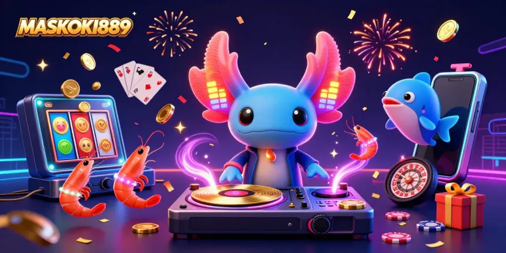Bet on winning spins at MASKOKI889 with a vibrant underwater party scene featuring colorful characters and casino elements.