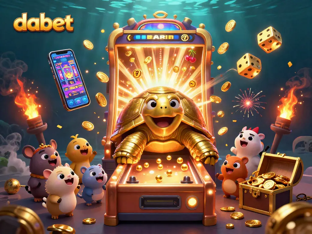 Dabet reveals thrilling slot excitement with colossal casino-themed tortoise amidst jackpot coins.