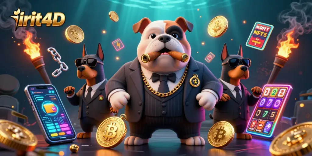 Spin and win with irit4D in a vibrant casino scene featuring animated bulldogs and glowing crypto coins.