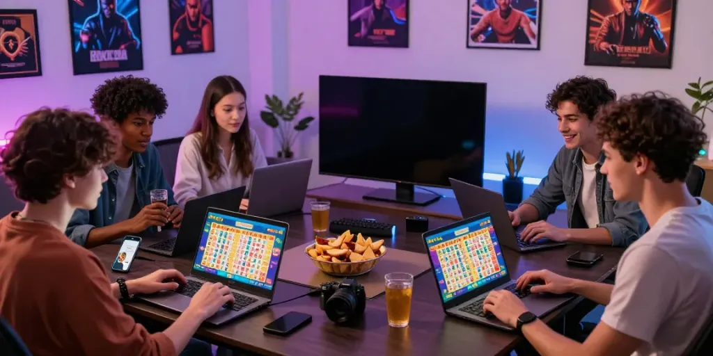 Friends enjoying an online toto togel game in a stylish gaming room, showcasing excitement and fun.