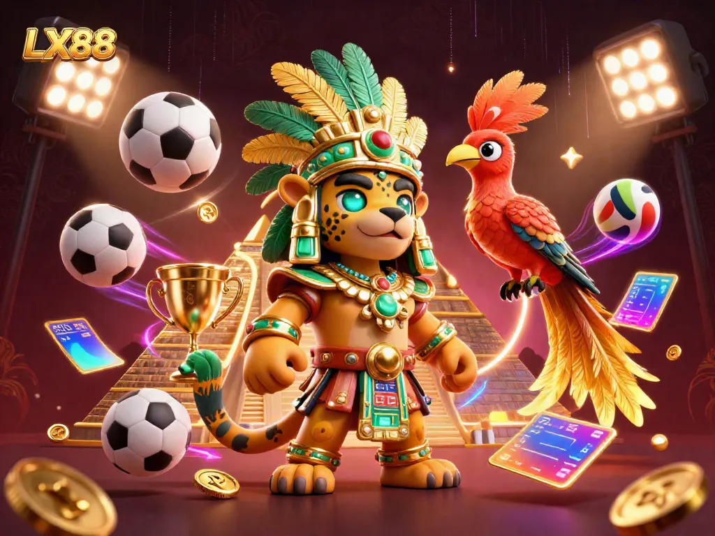 Experience the excitement of LX88 with the dynamic 3D Mayan jaguar priest and quetzal bird in an engaging casino scene.