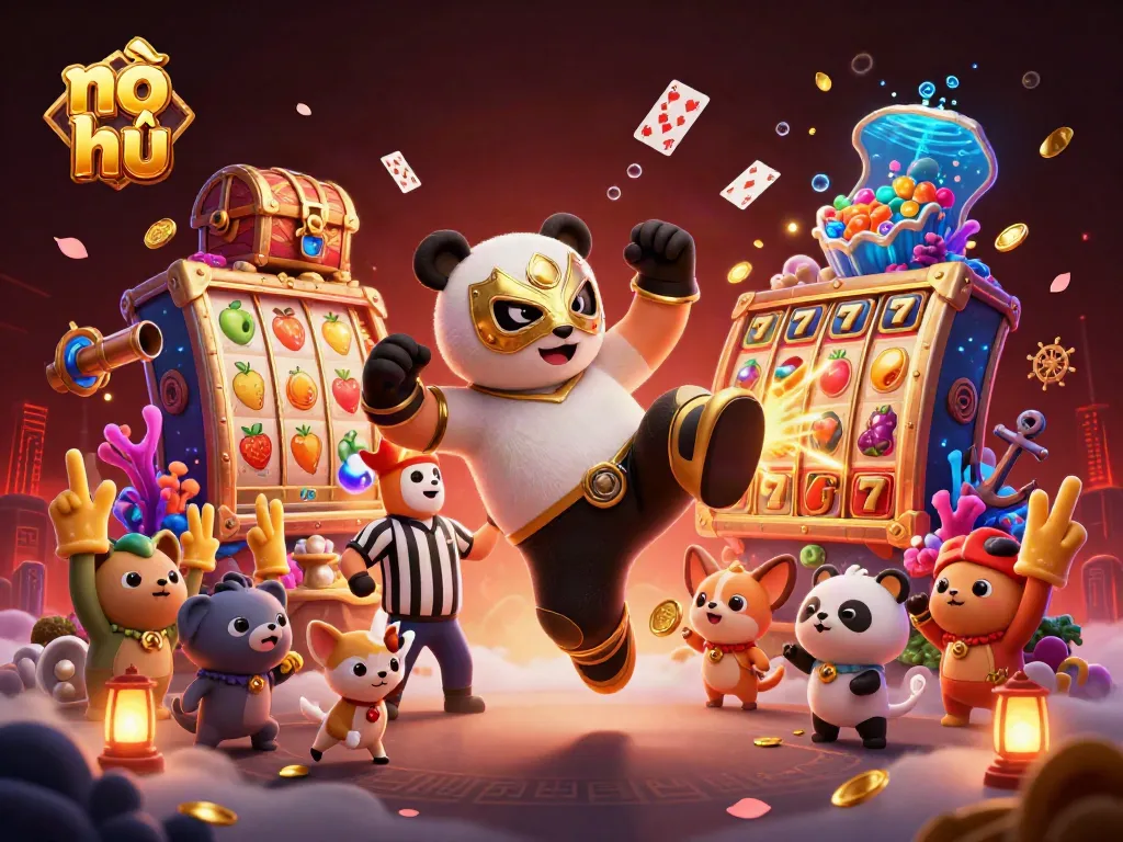 Engage in nổ hũ excitement with vibrant 3D illustration showcasing a dynamic casino scene filled with animated characters.