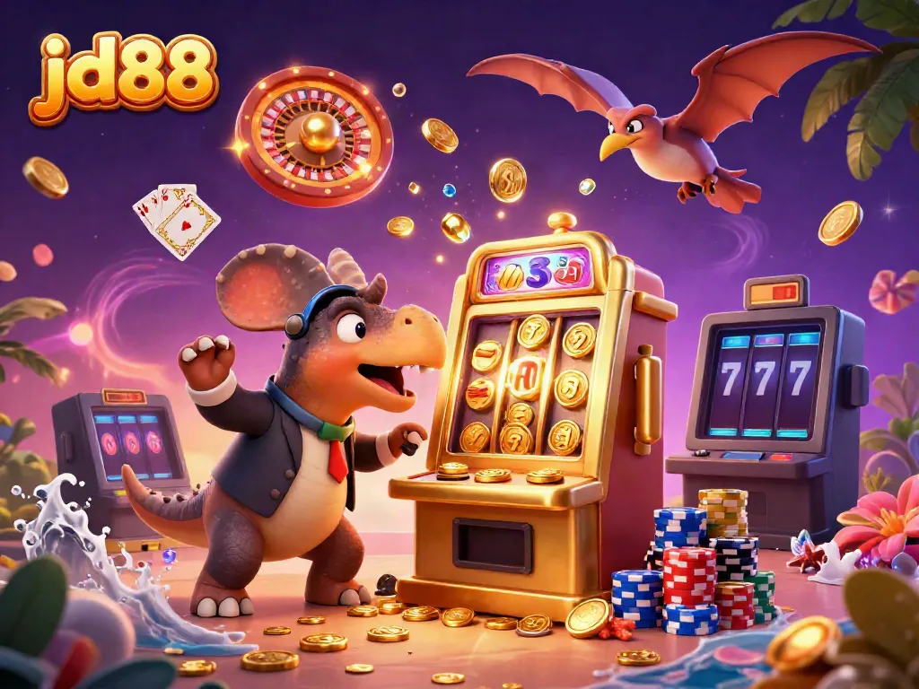 Experience the excitement of jd88 as a cartoon dinosaur powers a golden slot machine, surrounded by cascading coins.