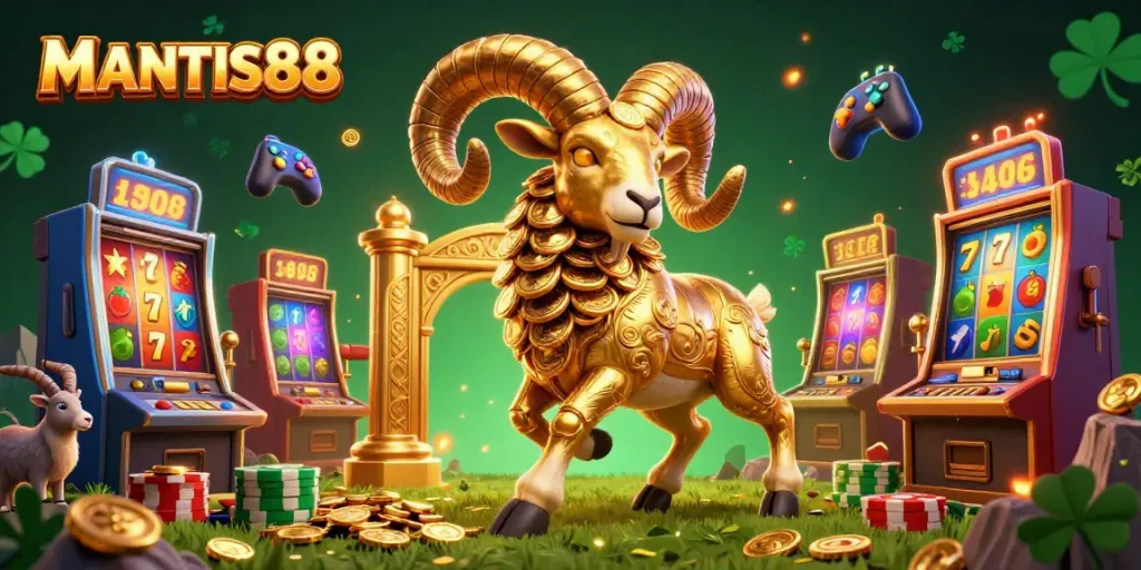 MANTIS88 captures thrilling slot action with a golden ram charging past vibrant slot machines and lucky symbols.