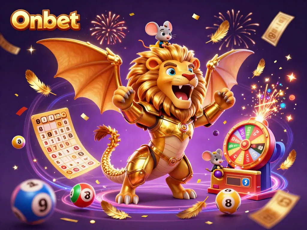Engage with Onbet's thrilling gaming universe featuring vibrant lottery elements and a triumphantly roaring chimera.