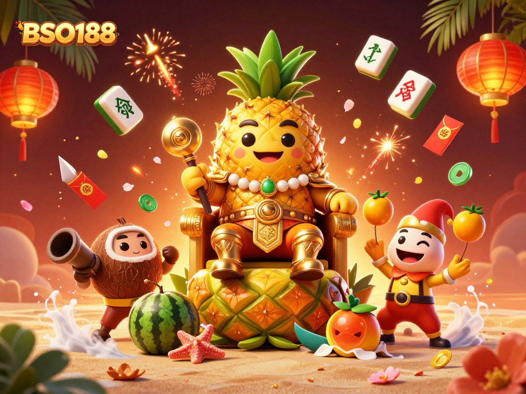 Experience the vibrant casino scene with BSO188, featuring a golden pineapple king and festive lottery elements.