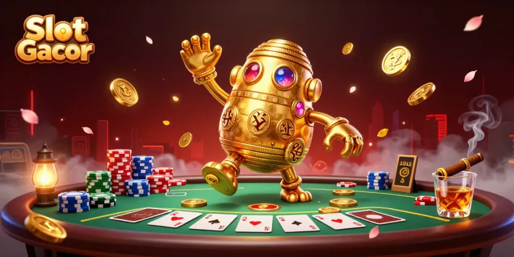 Experience Slot Gacor with ancient golden golem surrounded by poker elements and captivating atmosphere.