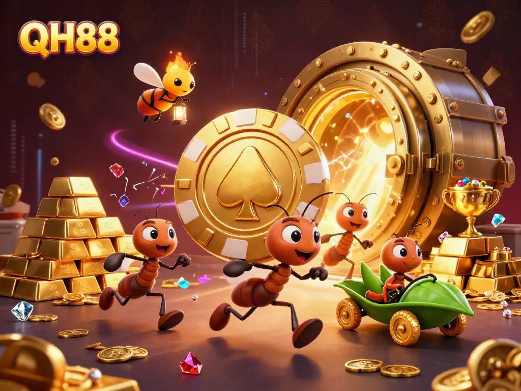 QH88 showcases a thrilling casino heist scene with ants carrying a giant poker chip.