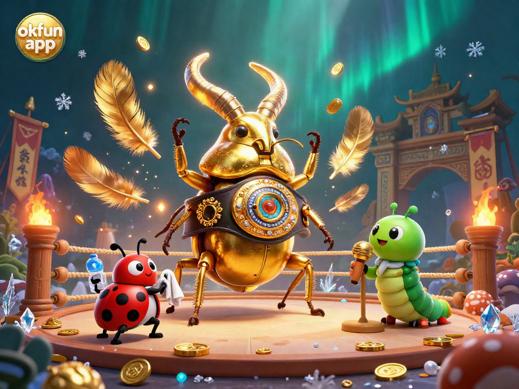 Elevate your gaming with the okfun app's vibrant casino-themed 3D illustration showcasing epic battles.