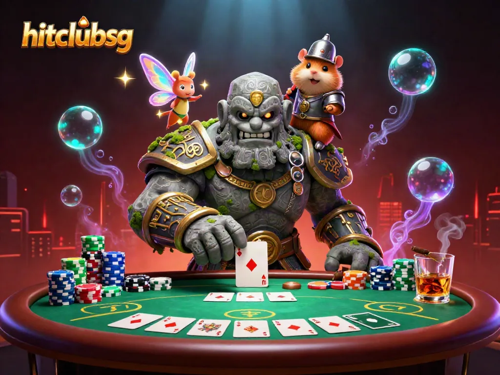 Experience the thrill of hitclubsg with a vibrant 3D casino scene featuring a magical golem and poker elements.
