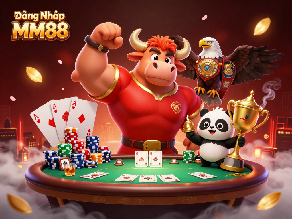 Win big with Đăng Nhập MM88 at the vibrant casino scene featuring a bull mascot and friends celebrating a poker victory.