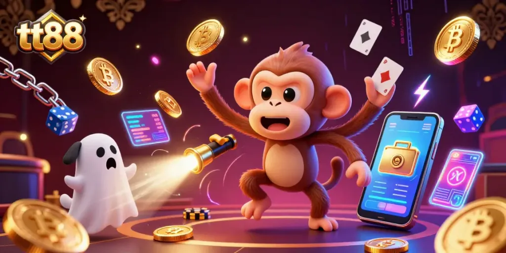 Engage in thrilling gaming adventures at tt88 with a lively casino scene featuring a mischievous monkey and ghost-hunter puppy.