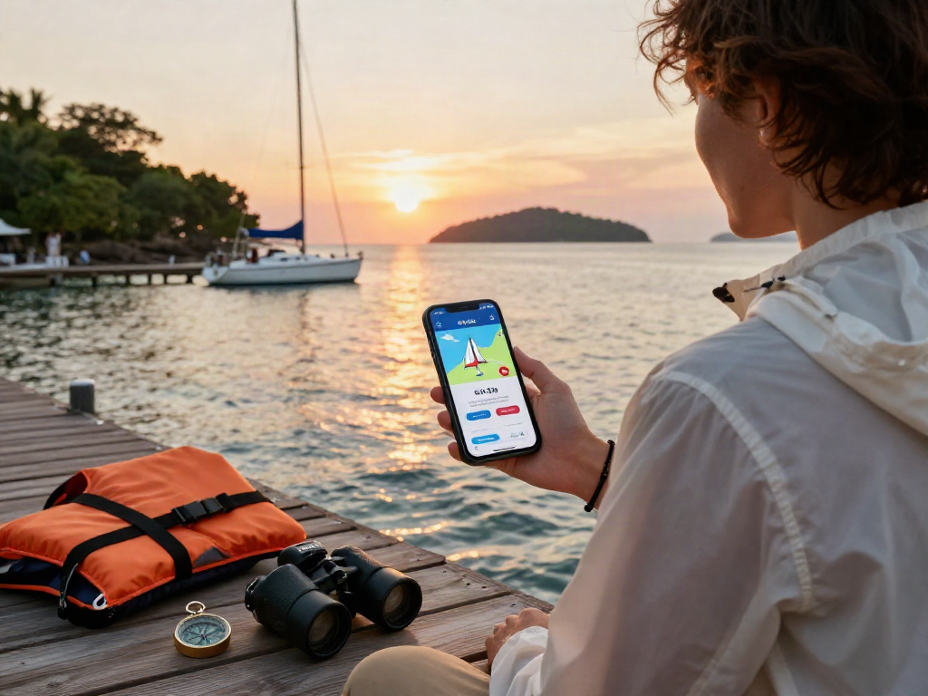 Traveler at marina sunset checking slot qris on smartphone, sailing gear nearby.
