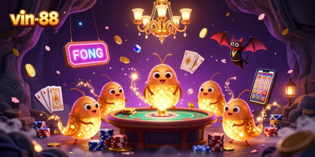 Experience thrilling gameplay at vin-88, where glowworms illuminate a lively cave casino filled with vibrant activities.