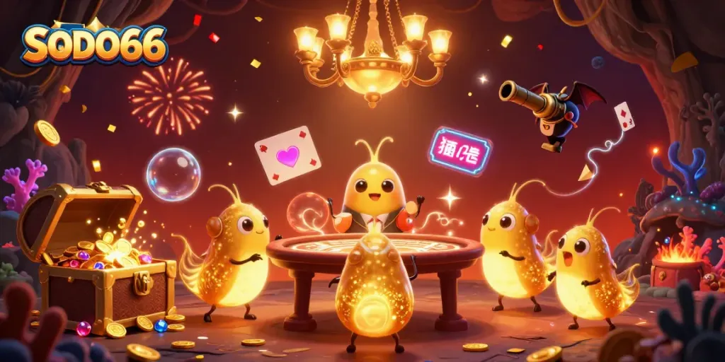 SODO66 illuminates the cave casino as glowworms and a bat dealer create an enchanting gaming scene.