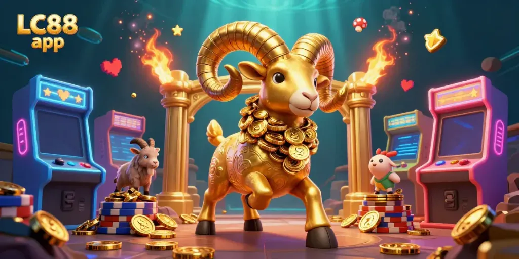 Engage with the LC88 app in an enchanting casino adventure with dynamic golden characters and vibrant gaming elements.