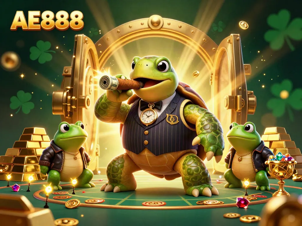 Experience thrilling games at AE888 with a dynamic illustration featuring a massive snapping turtle in a vintage mobster suit.