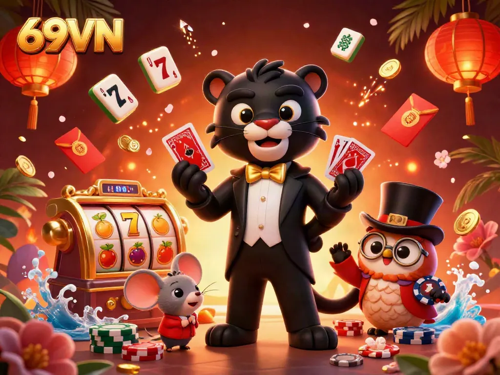 Experience excitement at 69VN with a stylish black panther dealer, lucky owl, and mouse amid vibrant casino elements.