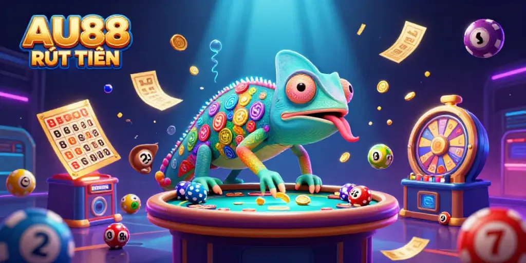 Experience the excitement of AU88 RÚT TIỀN with a vibrant 3D casino scene featuring a lively chameleon owner.