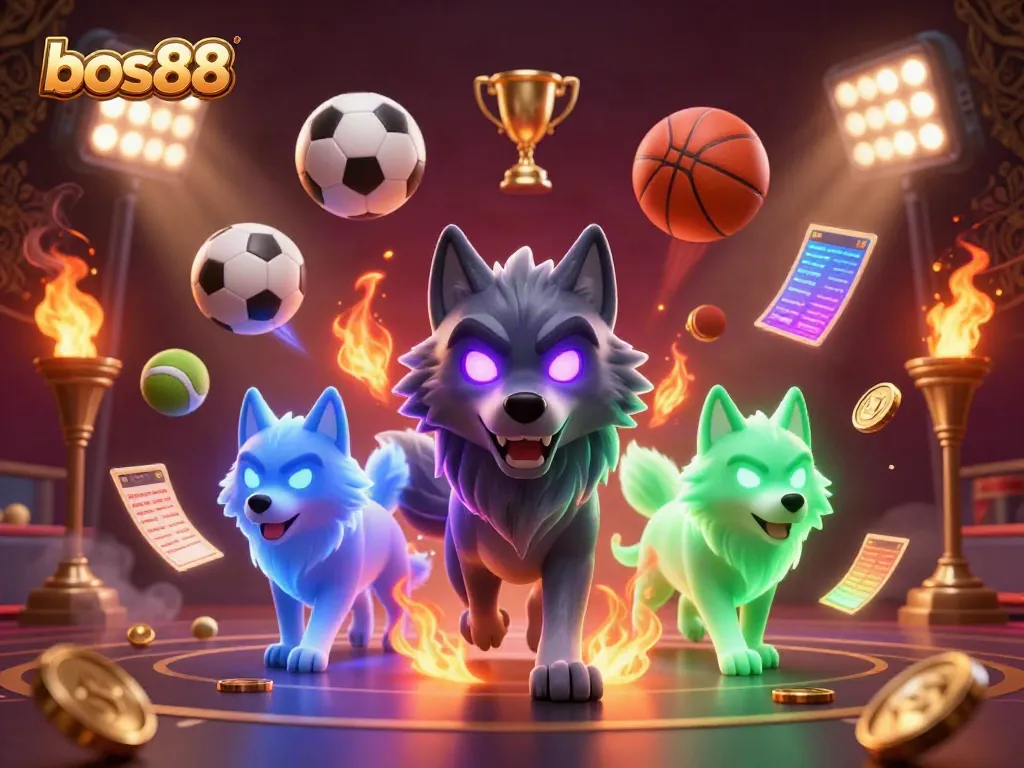 Experience thrilling sports betting action with bos88, featuring a dynamic scene of ghostly wolves and vibrant sports elements.