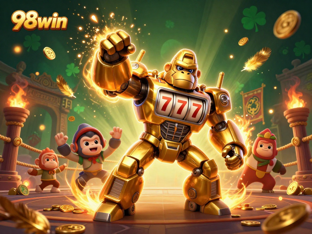 Join the thrilling world of 98win with a dynamic golden gorilla mech and explosive casino action.