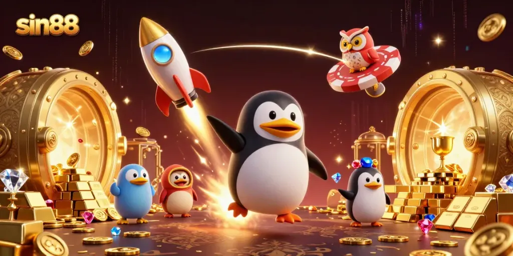 Experience the thrill of sin88 with a penguin reaching for jackpots in a vibrant casino universe.