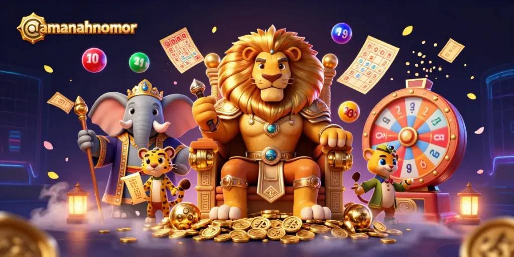 Meraih kemenangan seru di amanahnomor dengan permainan dan elemen kasino yang menampilkan singa, gajah, dan cheetah.