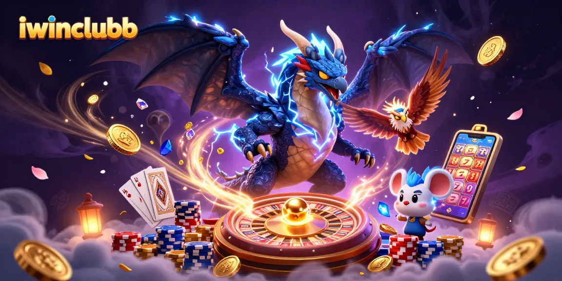 Engage with iwinclubb’s vibrant 3D casino illustration showcasing thrilling game elements.