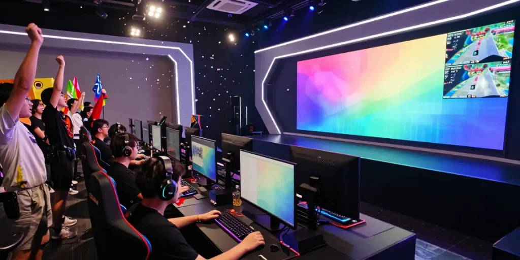 Exciting esports event at a gaming arena with fans and players engaged in juraganbola competition.