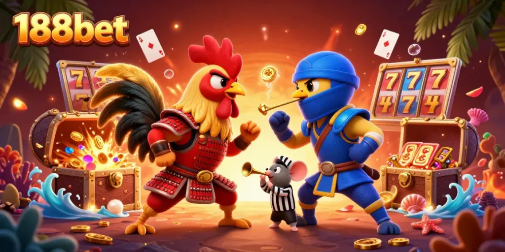 Battle of roosters in samurai and ninja gear representing 188bet gaming excitement, with vibrant casino elements.