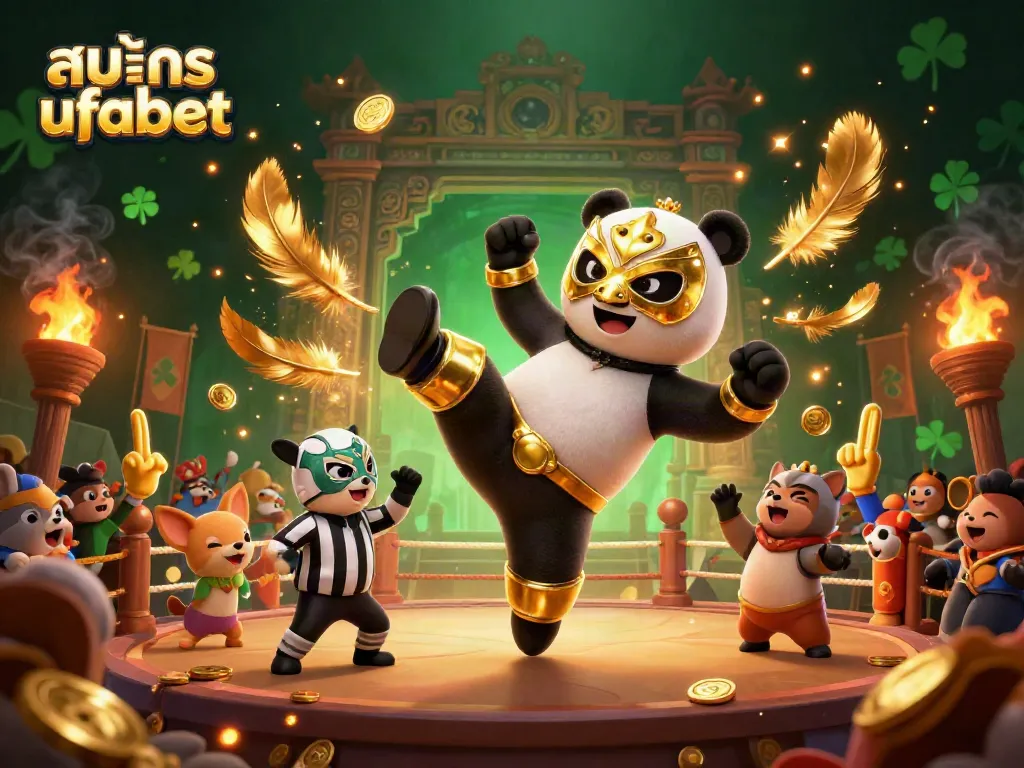 Join the thrilling action as you สมัคร ufabet to experience exciting online betting with a dynamic scene featuring a panda wrestler and cheering animals.