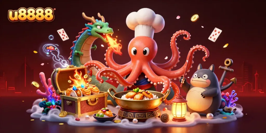 Engage in thrilling gameplay at u8888 with vibrant casino scenes featuring an octopus chef.