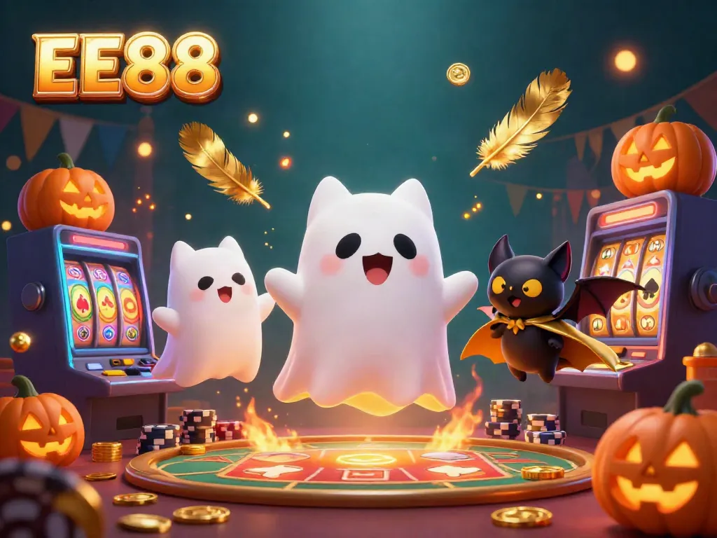 Experience thrilling gameplay in EE88 with a friendly ghost cat and vampire bat amidst glowing jack-o-lanterns.